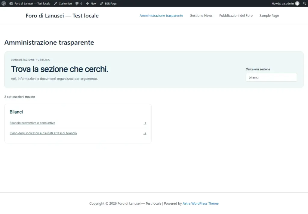 Dettaglio Ordine degli Avvocati di Lanusei — Schermate reali dell’ambiente di collaudo locale: contenuti e conteggi di test, non dati di utilizzo in produzione.