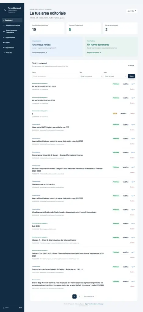 Dettaglio Ordine degli Avvocati di Lanusei — Schermate reali dell’ambiente di collaudo locale: contenuti e conteggi di test, non dati di utilizzo in produzione.